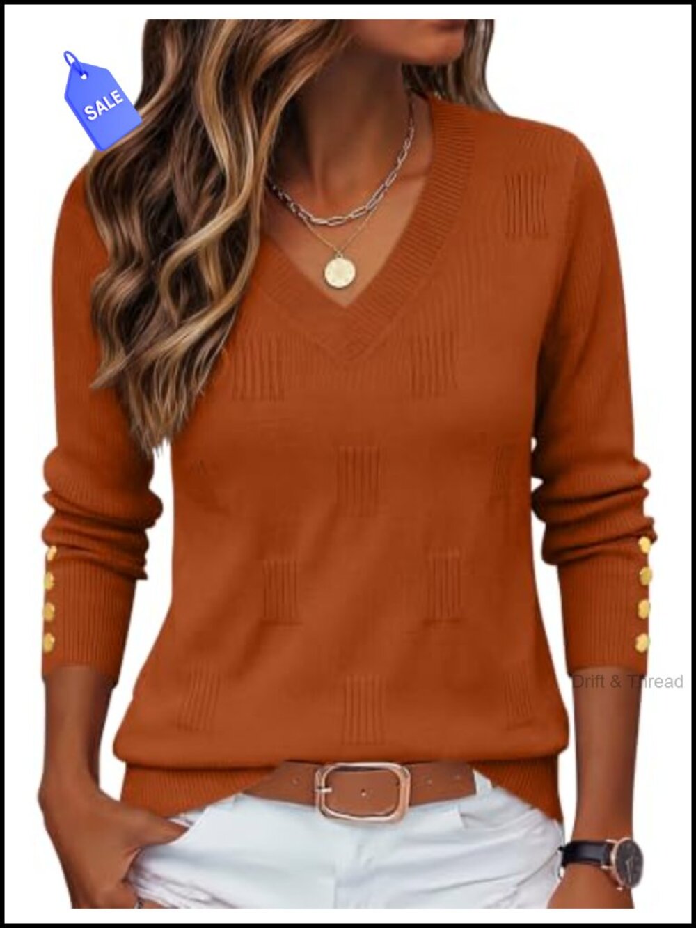 Womens V Neck Long Sleeve Pullover Sweater Lightweight Button Cuff
